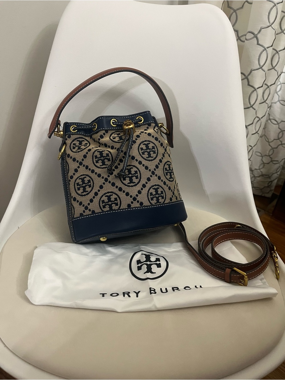 Tory Burch Navy, Tan & Brown Logo Bucket Mini Bag
